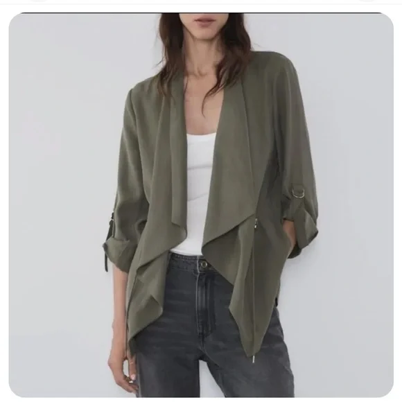 Zara Jackets Coats Zara Womens Olive Green Waterfall Front